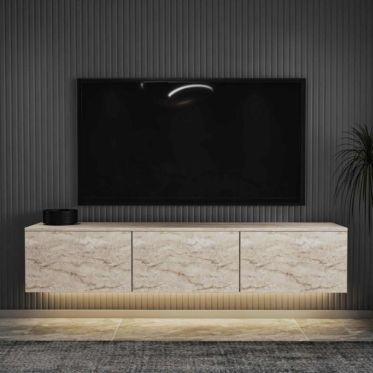TV-MÖBEL Neon Illuminated Hängend Travertin - Beige, Holz (160/35/32cm) - Habitat Garten