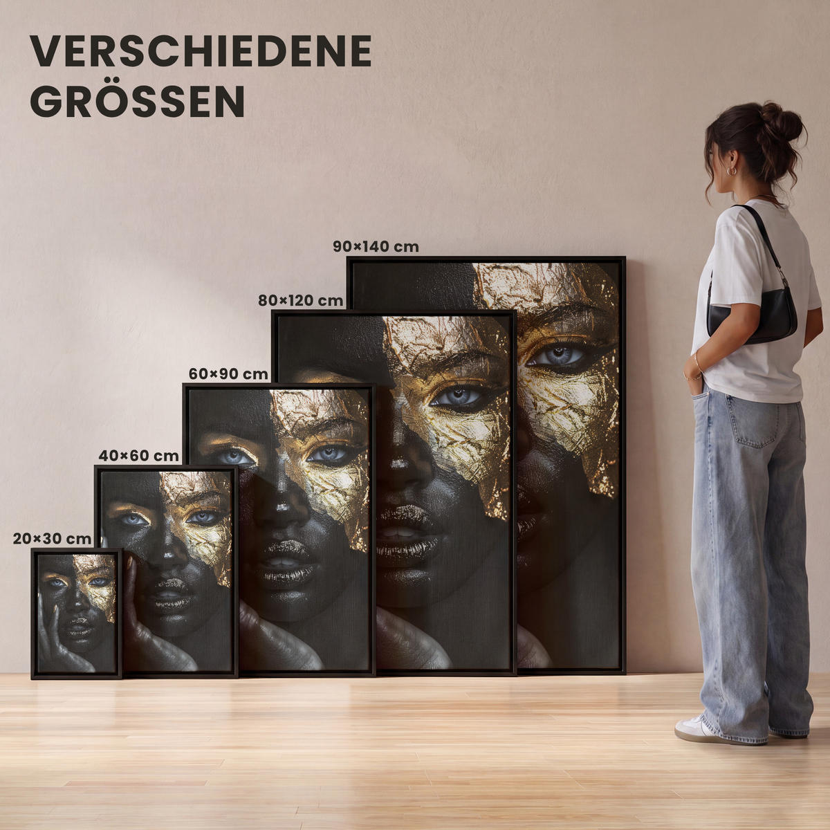 LEINWAND Bilder mit Rahmen - Frau - Gold - Porträt - Schwarz-Weiß - Luxus - 100x150 - Hellblau, Textil (100/150cm) - MuchoWow