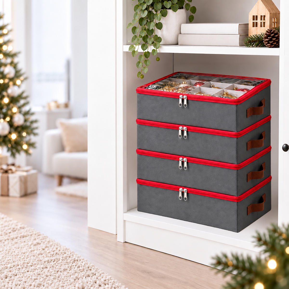 AUFBEWAHRUNGSBOX Grau 4er-Set für Weihnachtskugeln - Grau, Wellpappe/Kunststoff (32.5/36/32.5cm) - Relaxdays