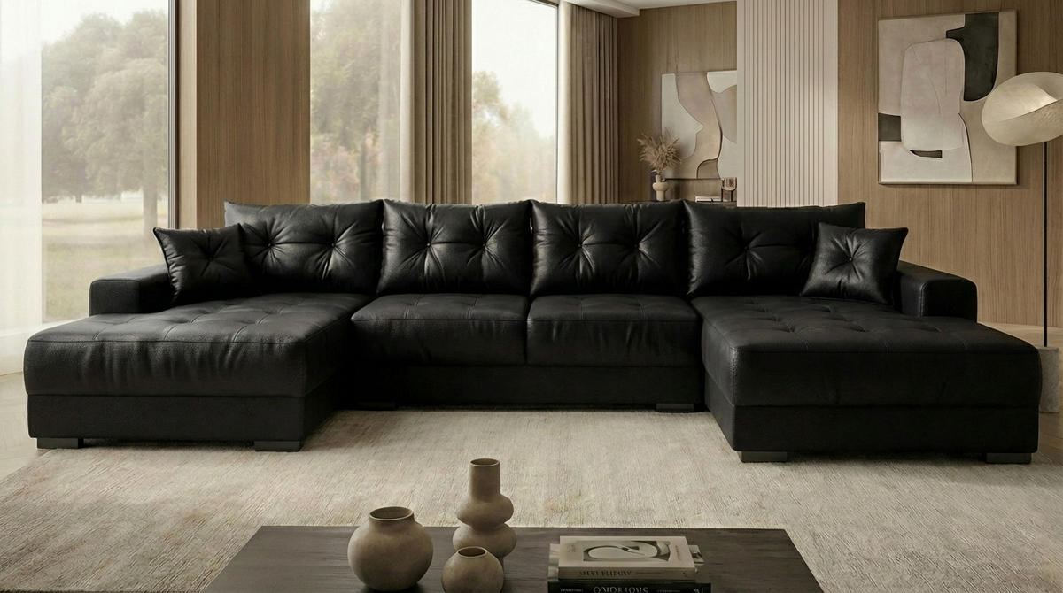 ECKSOFA MODENA 320 cm x 185 cm – Stoff: ECO CAYENCE Schwarz 1114 Farbe: Schwarz - Schwarz, Textil (320/185cm) - A&J MöbelLand