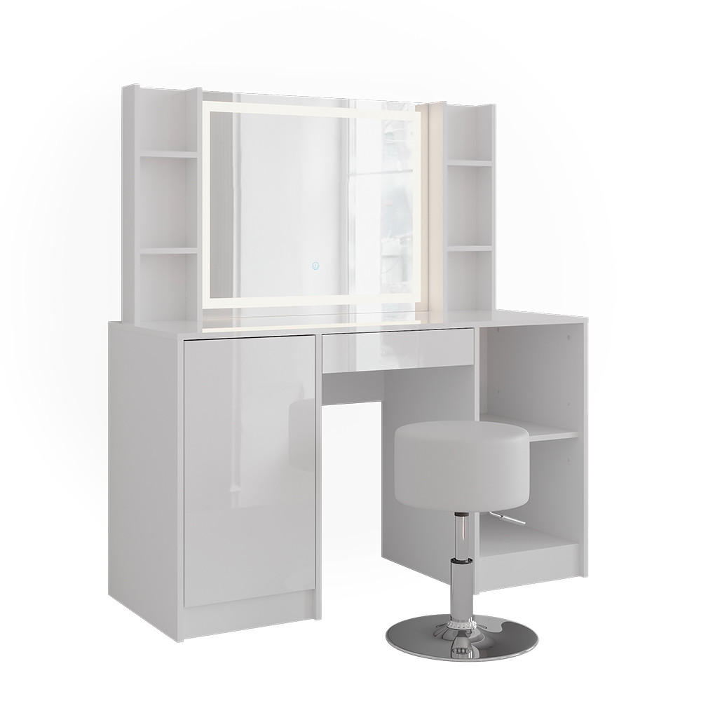 SCHMINKTISCH Sherry Weiß/Weiß Hochglanz 128.2 cm mit LED-Spiegel und Hocker - Weiß Hochglanz, Holzwerkstoff (128.2/76/50.1cm) - Vicco