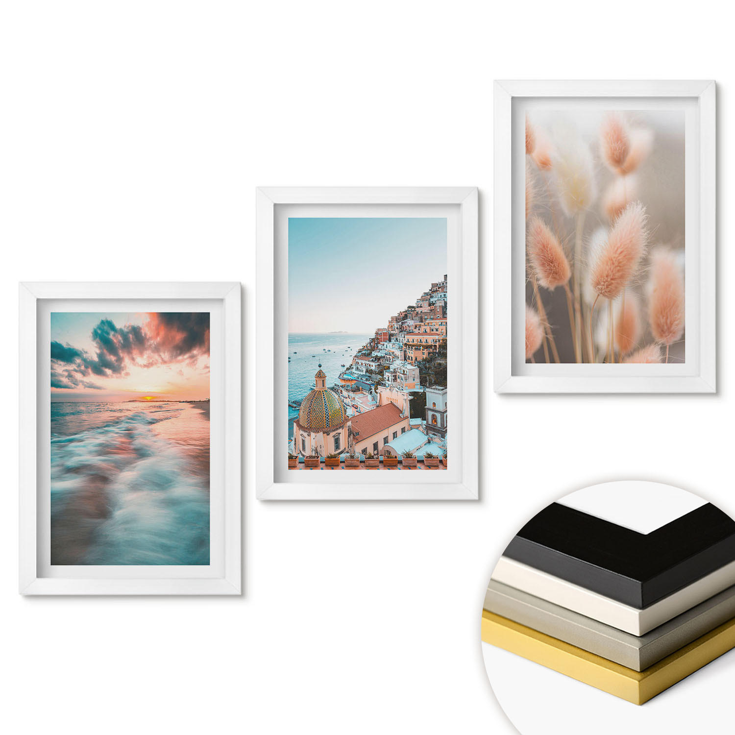 WANDBILDER 3er-Set - 20x30 cm Weißer Rahmen - Sonnenuntergang am Meer, Häuser, Blumen - Weiß, Kunststoff (20/30cm) - ArtPrintCave