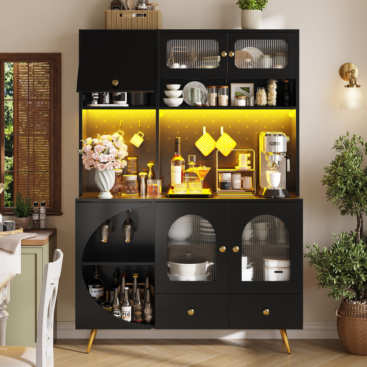 GESCHIRRSCHRANK aus MDF+Glas 120x40x176cm in Schwarz mit LED & Steckdose - Schwarz, Holzwerkstoff (120/176/40cm) - Modfu