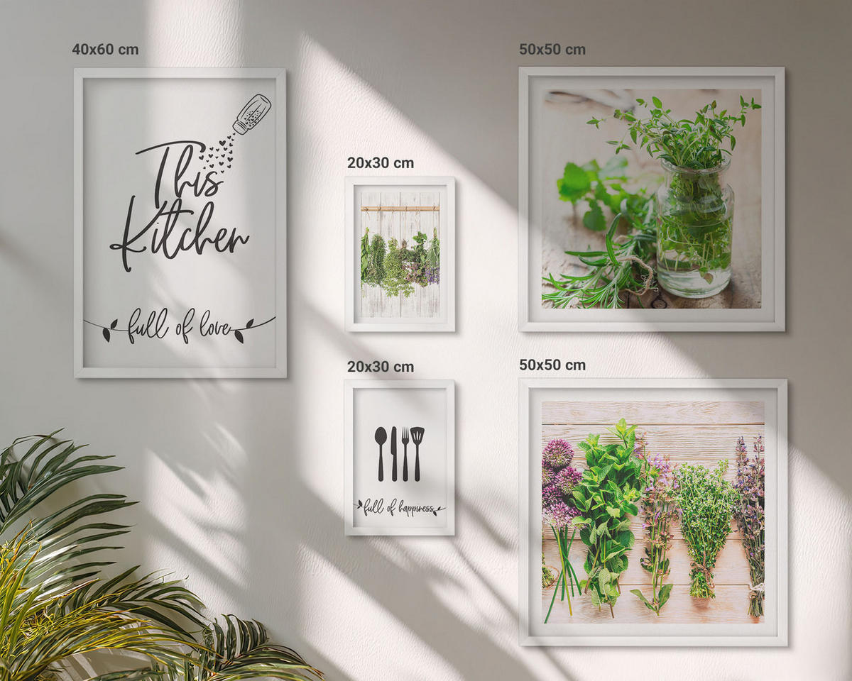 BILDER SET 5er Set - 50x50 cm & 20x30 cm & 40x60 cm Weißer Rahmen - Kräuterpflanzen zum Trocknen in der Küche - Weiß, Kunststoff (40/60cm) - TULUP