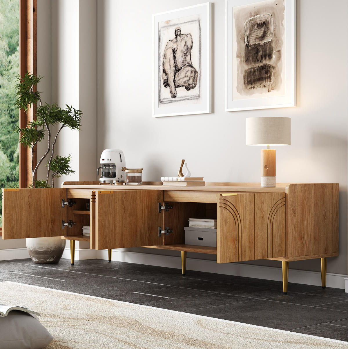 TV-LOWBOARD in Natur mit 3D-Türen und Kabeldurchführungen 170/35/47.5 cm - Naturfarben, Holzwerkstoff (170/47.5/35cm) - Redom