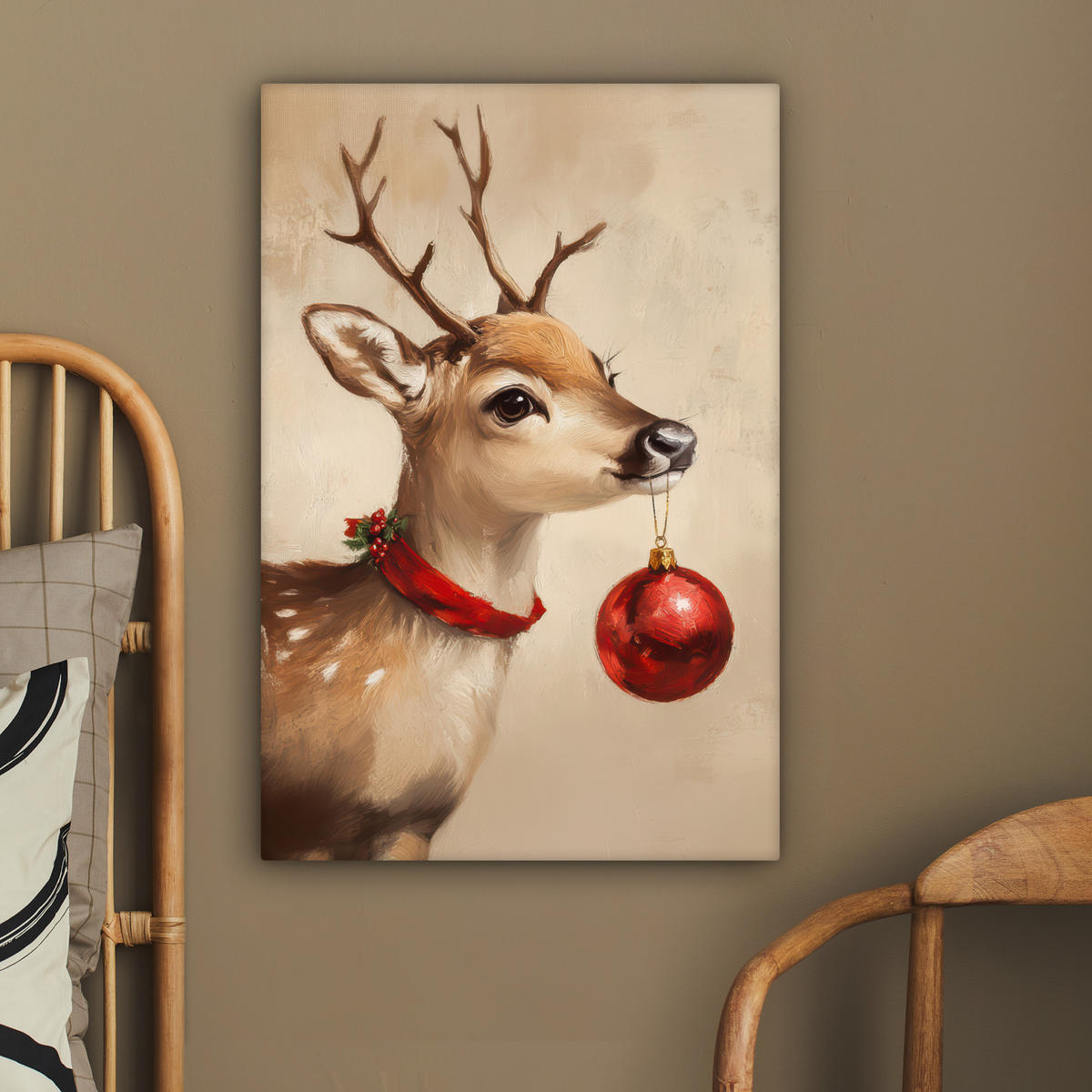 LEINWANDBILD Weihnachten - Hirsch - Geweih - Weihnachtskugel - Rentier 40x60 cm - Hellbraun, Textil (40/60cm) - MuchoWow