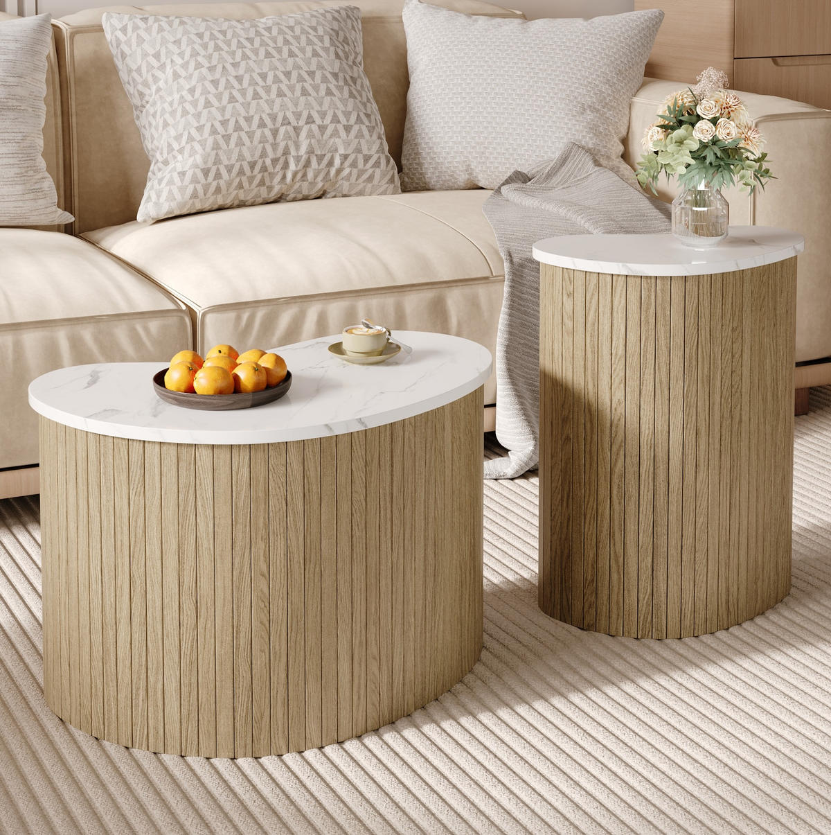 COUCHTISCH-SET 60/37/38 und 40/25/50 cm mit flexibler Stellmöglichkeit und Stauraum, Natur/Weiß - Naturfarben, Holzwerkstoff (60/37/38cm) - Redom