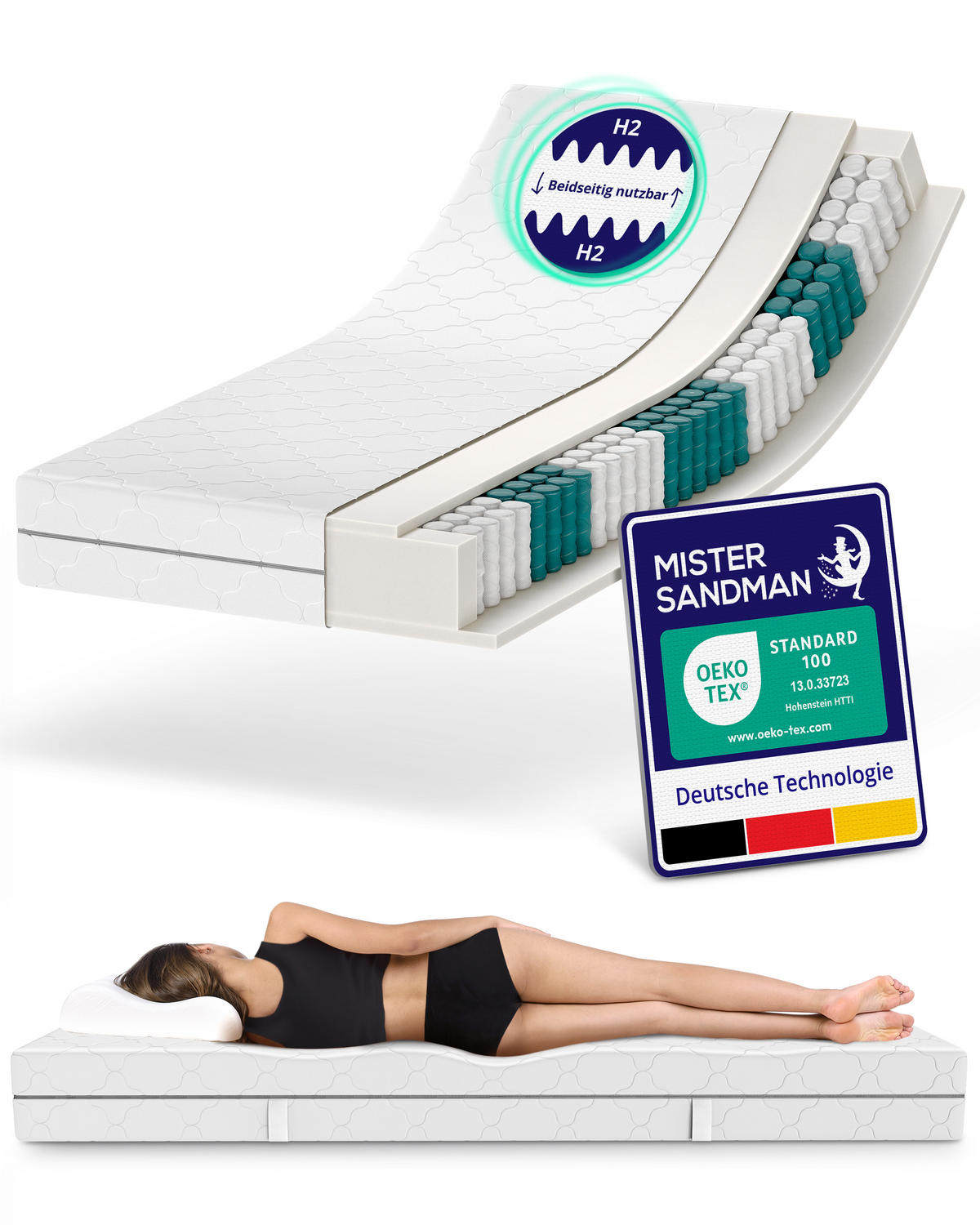 TASCHENFEDERKERNMATRATZE 160x200 21 cm Höhe - Härtegrad H2 H3 - 7 Komfortzonen - Weiß, Textil (160/200cm) - Mister Sandman