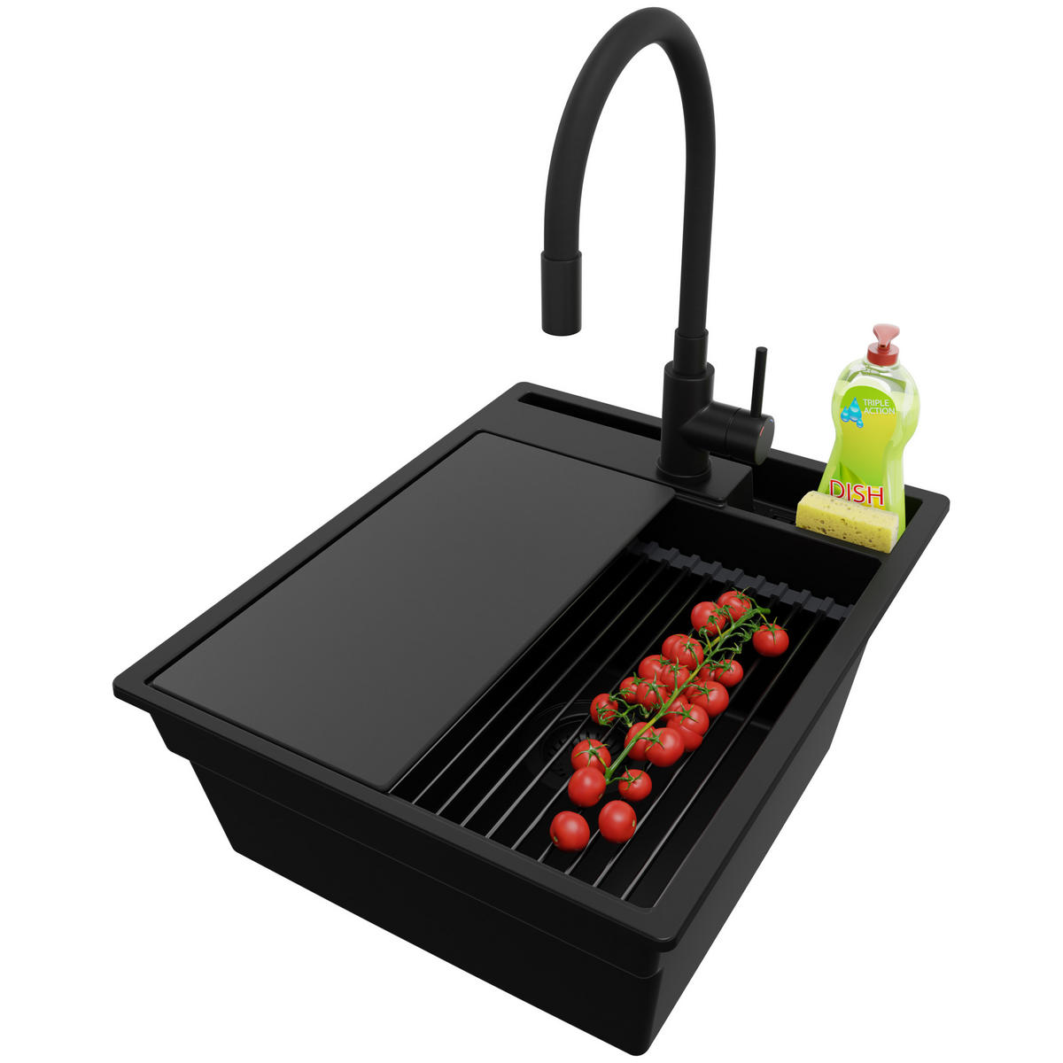 GRANITSPÜLE Oslo Pocket, 2-er set Alles Schwarz 43/53 cm 1 Becken + Küchenarmatur 40/38 cm + Ablauf-Set + Küchenzubehörset ab 45er Unterschrank - Schwarz, Kunststoff (43/20/53cm) - Primagran