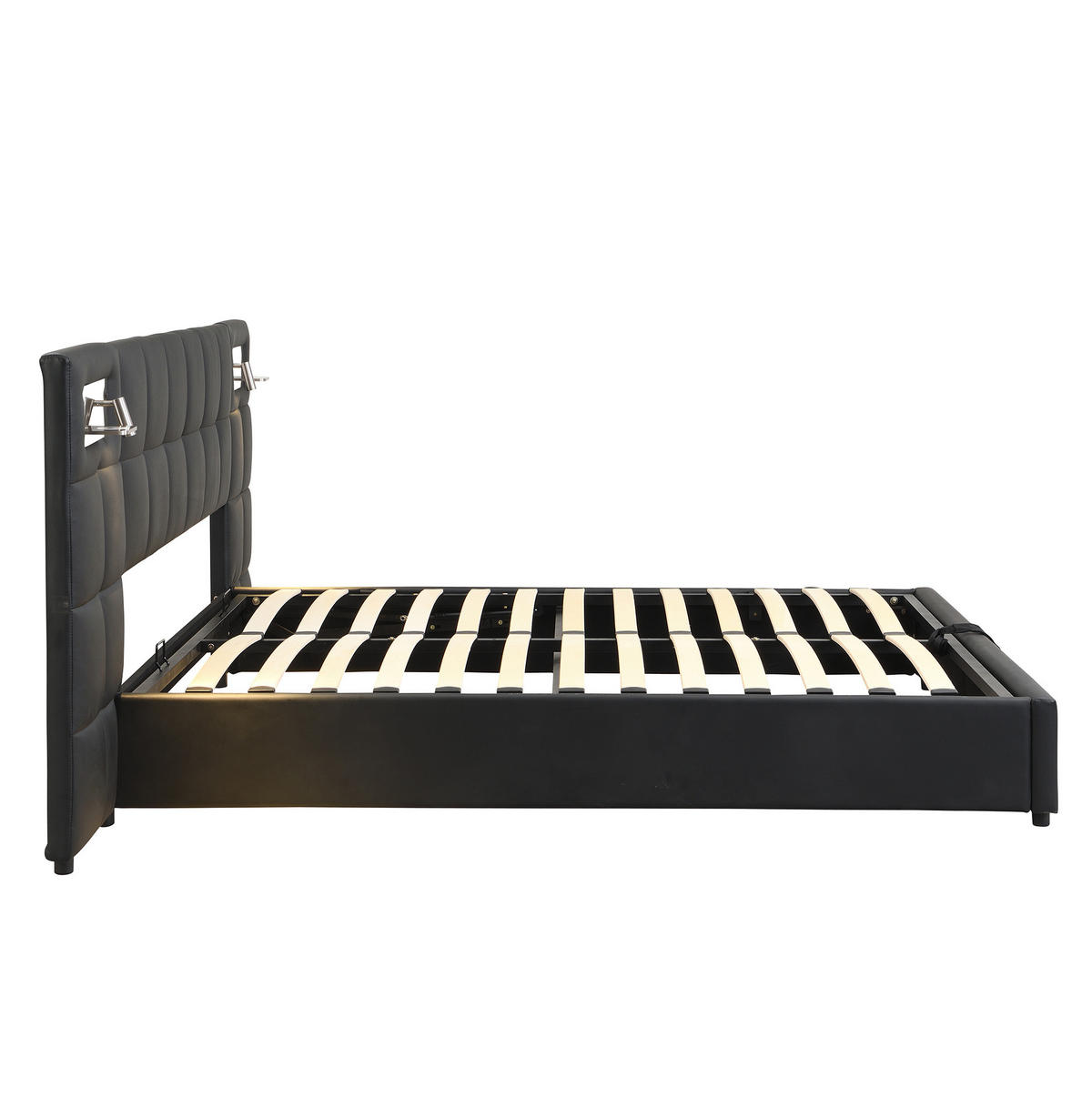 POLNJENA postelja iz PU 180x200 cm črna z USB priključkom, brezžičnim polnjenjem, osvetlitvijo in hidravličnim predalom - črna, usnje (180/200cm) - Modfu