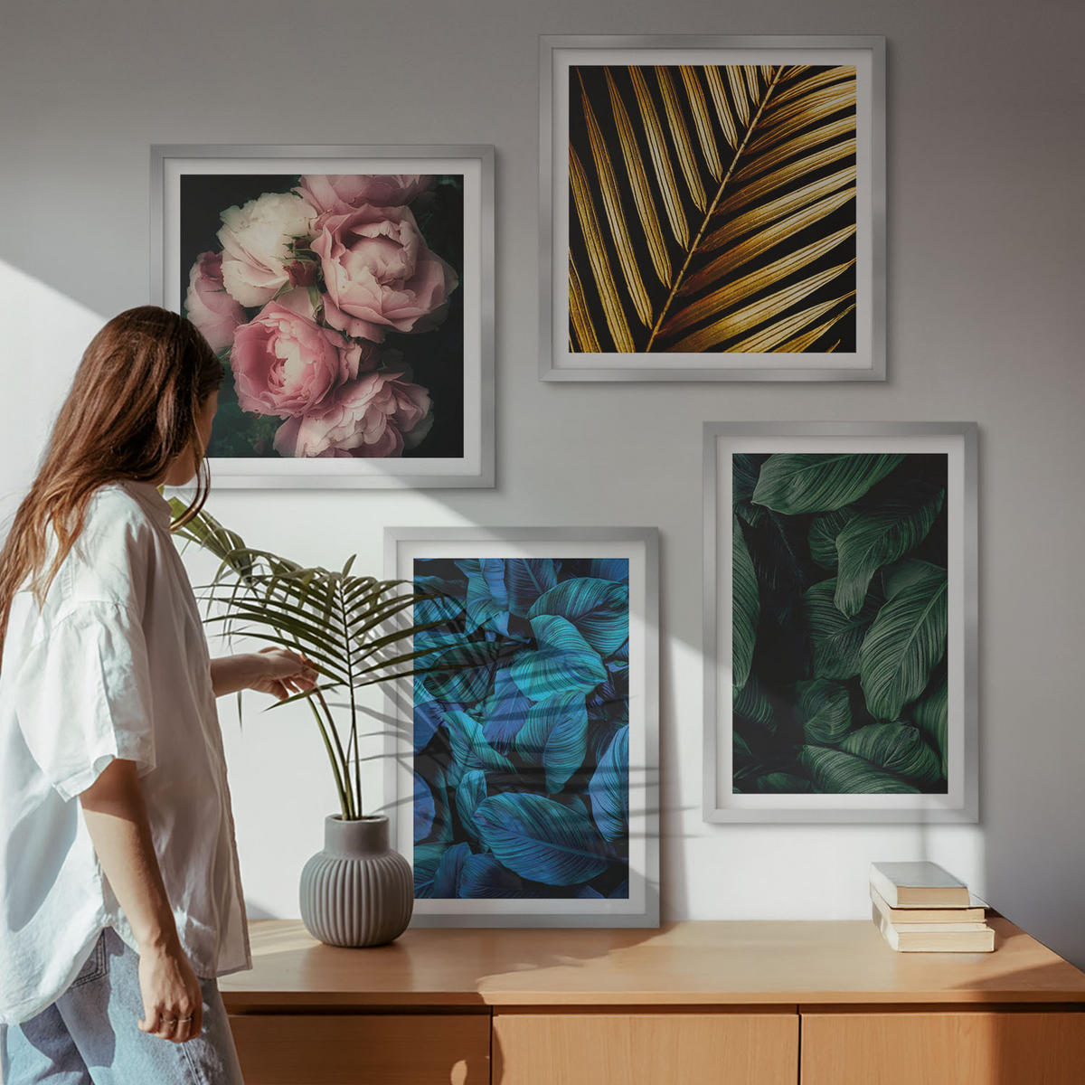 BILDER SET 4er Set - 50x50 cm & 40x60 cm Silberner Rahmen - Blätter und Blüten in verschiedenen Farben - Silberfarben, Kunststoff (50/50cm) - TULUP