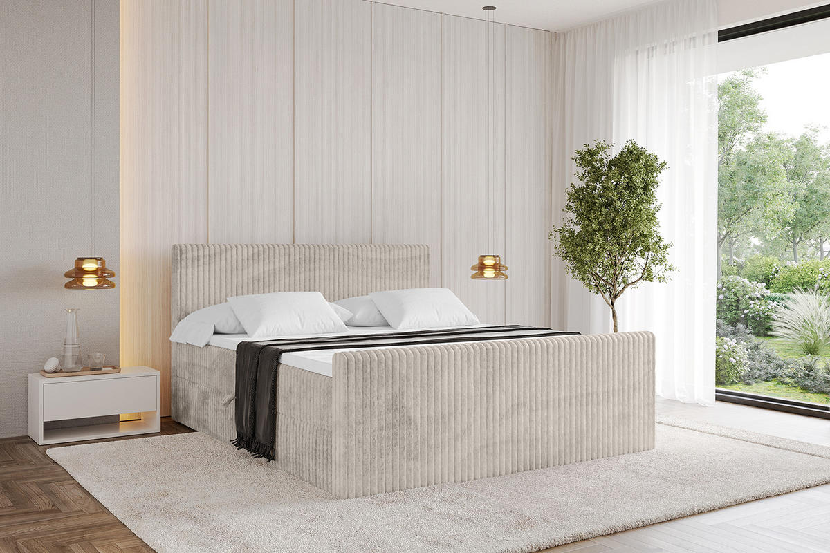 BOXBETT mit Matratze H3 und Lattenrost - TOLO-Z - 120x200 Cord - Creme - Creme, Holzwerkstoff (120/200cm) - ALTDECOR