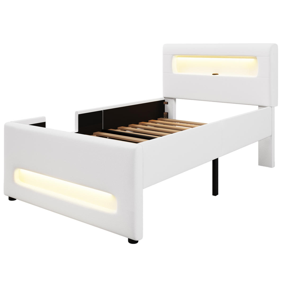 POLSTERBETT 90/200 cm mit LED-Beleuchtung, Treppe, Schublade und PU-Bezug, Weiß - Weiß, Holzwerkstoff (90/200cm) - Redom