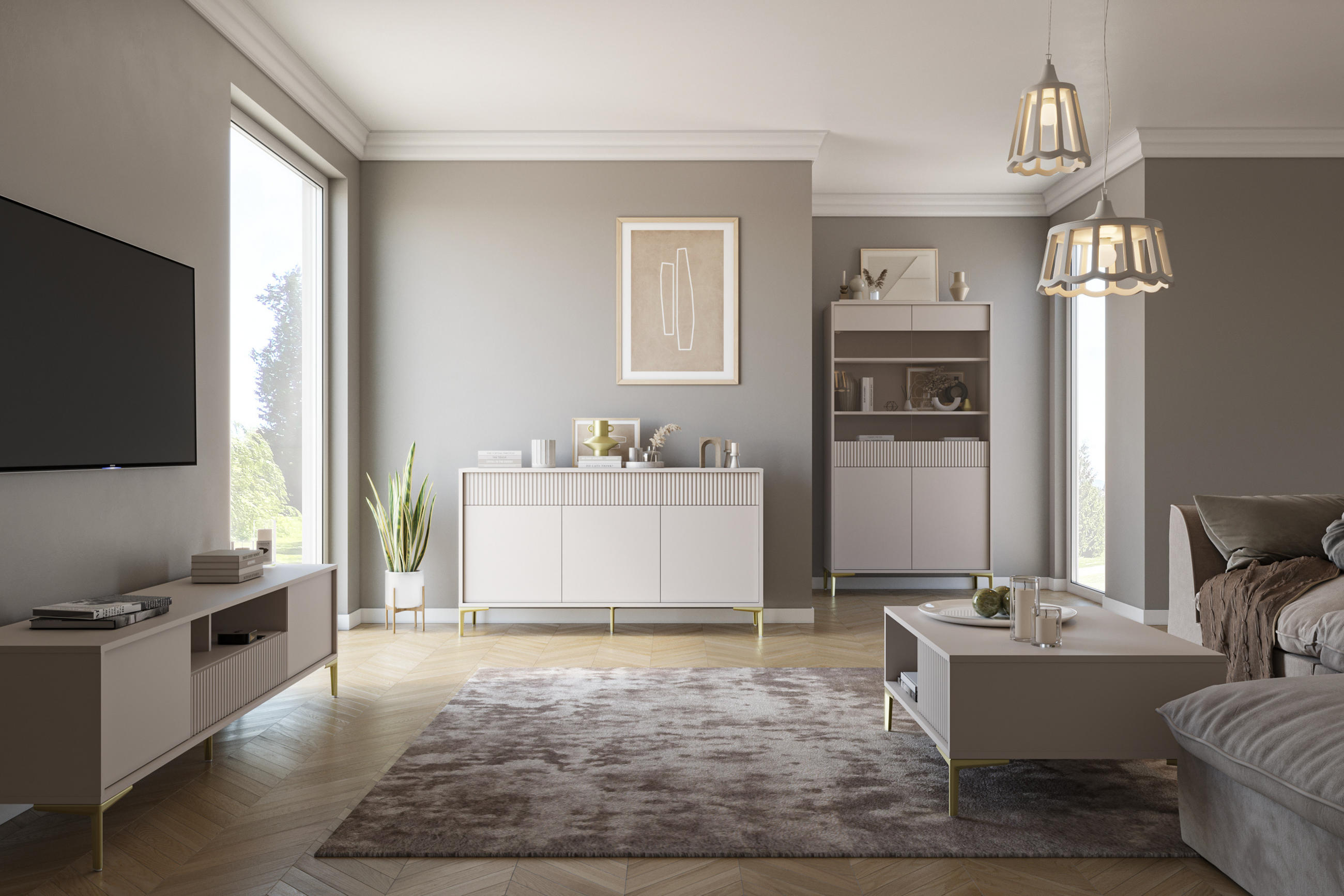 NACHTTISCH Urgano 2S Beige 53,5/51,5/38 cm – 2 Schubladen - Beige/Goldfarben, Holzwerkstoff/Metall (53.5/51.5/38cm) - AX Living
