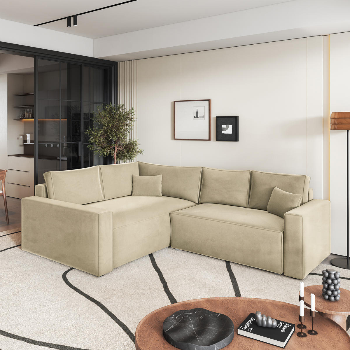 ROHOVÁ SEDAČKA ERONIS krémová - šedá/krémová, dřevo/textil (265/194cm) - MASSENO