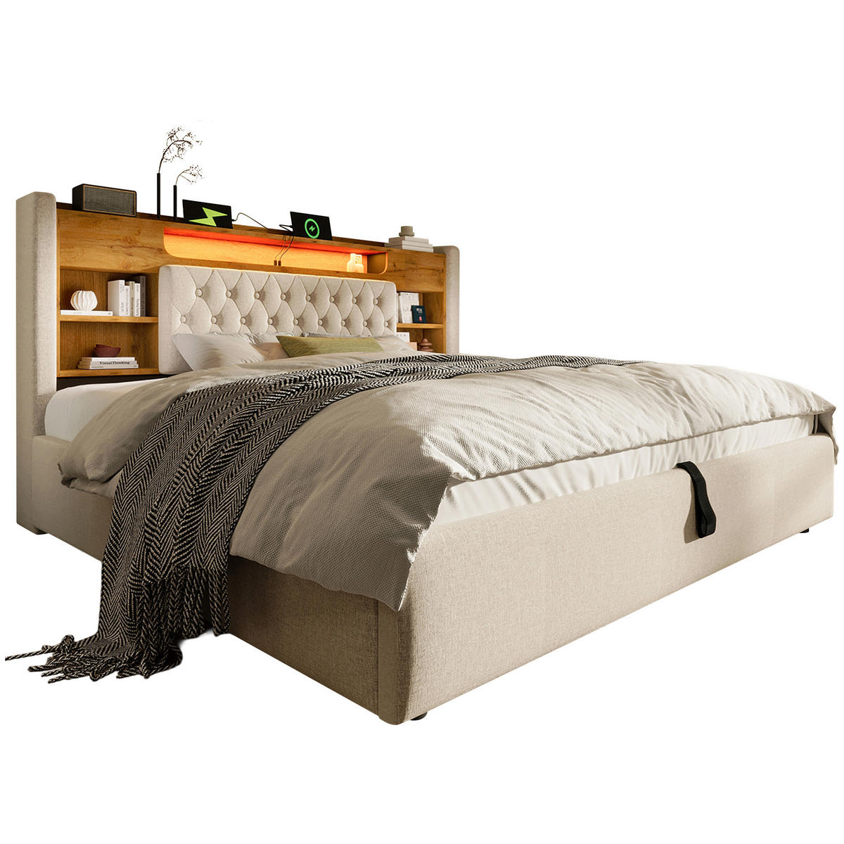 STAURAUMBETT 160/200 cm DE-32477 mit LED und USB-Ladefunktion Beige - Beige, Metall (160/200cm) - ComfortXL