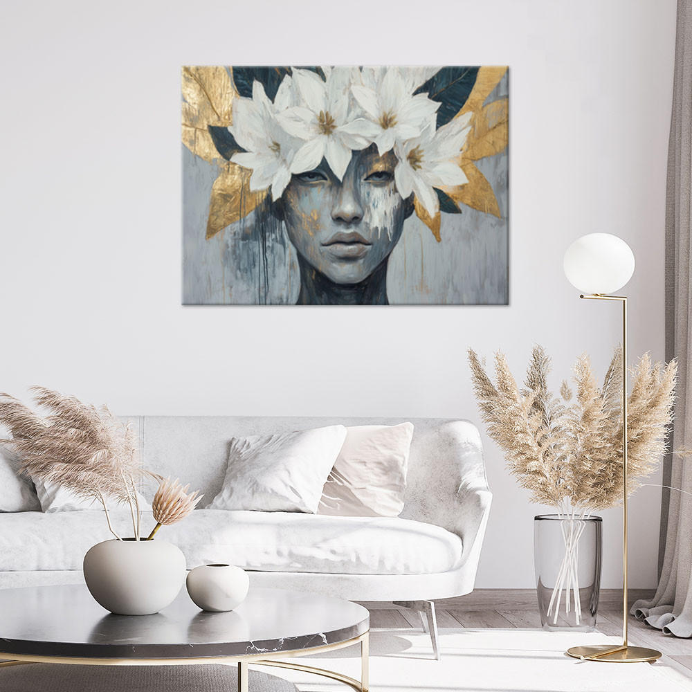 WANDBILD frau mit blumen auf dem kopf. grau und gold - Grau, Textil (120/80cm) - Feeby