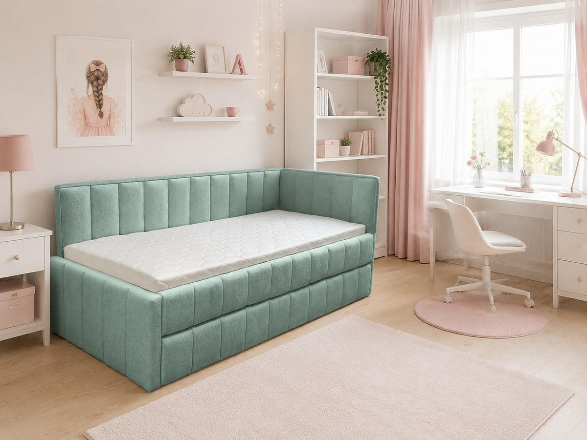 POLSTER-KINDERBETT LUKA 90x200 cm, rechts, mit Ausziehbett – Türkis - Türkis, Textil - KS Home Concept
