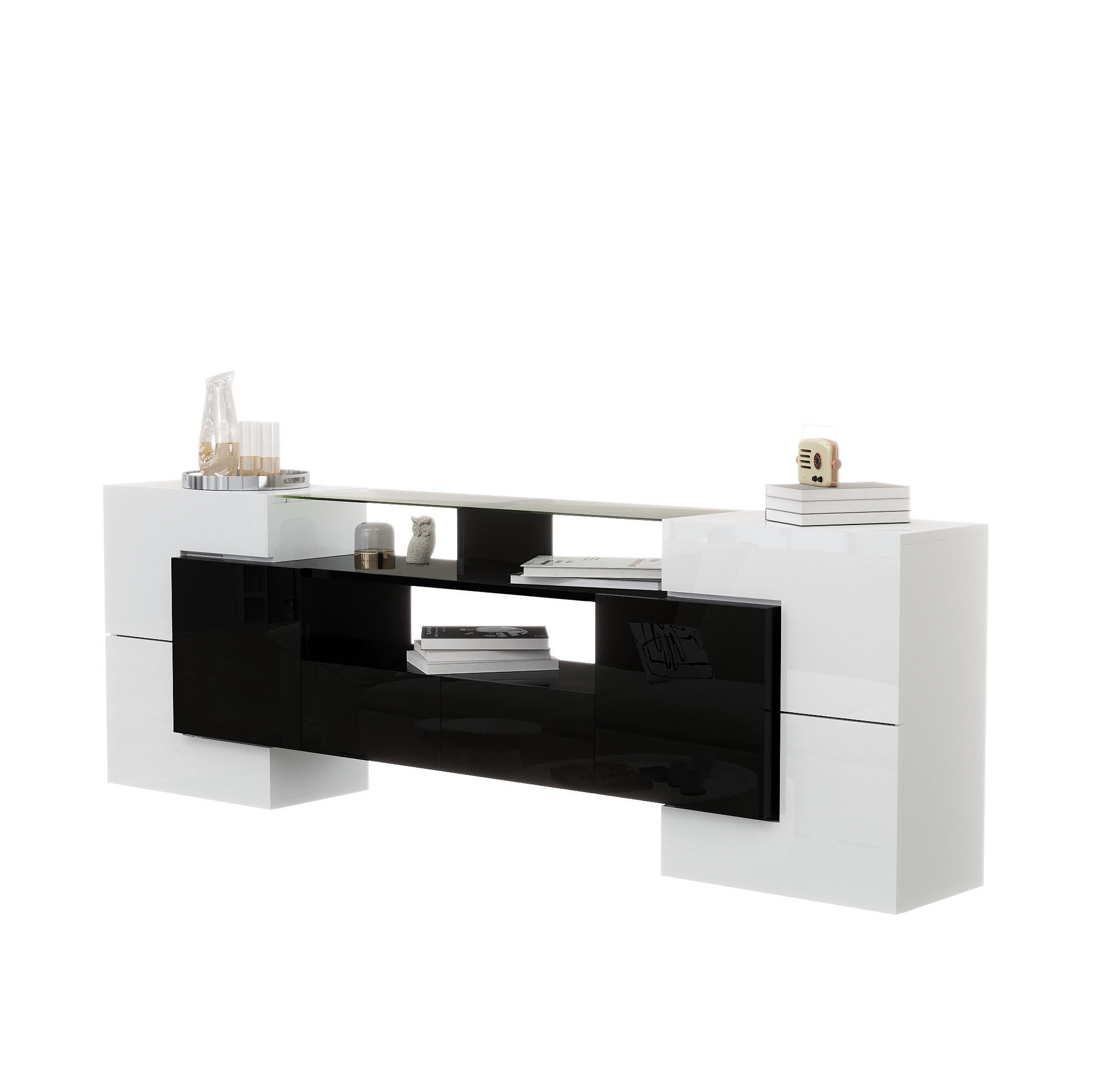 TV-LOWBOARD aus Spanplatte 200x35x60 cm Weiß/Schwarz mit LED-Beleuchtung, 6 Türen und 2 Schubladen - Schwarz, Holzwerkstoff (200/60/35cm) - IVMEU