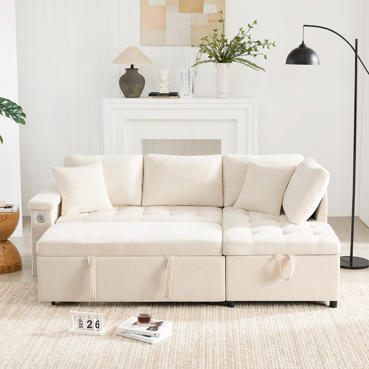 SCHLAFSOFA L-Form mit Stauraum, USB und 2 Kissen, Beige - Beige, Textil (209/84/130cm)