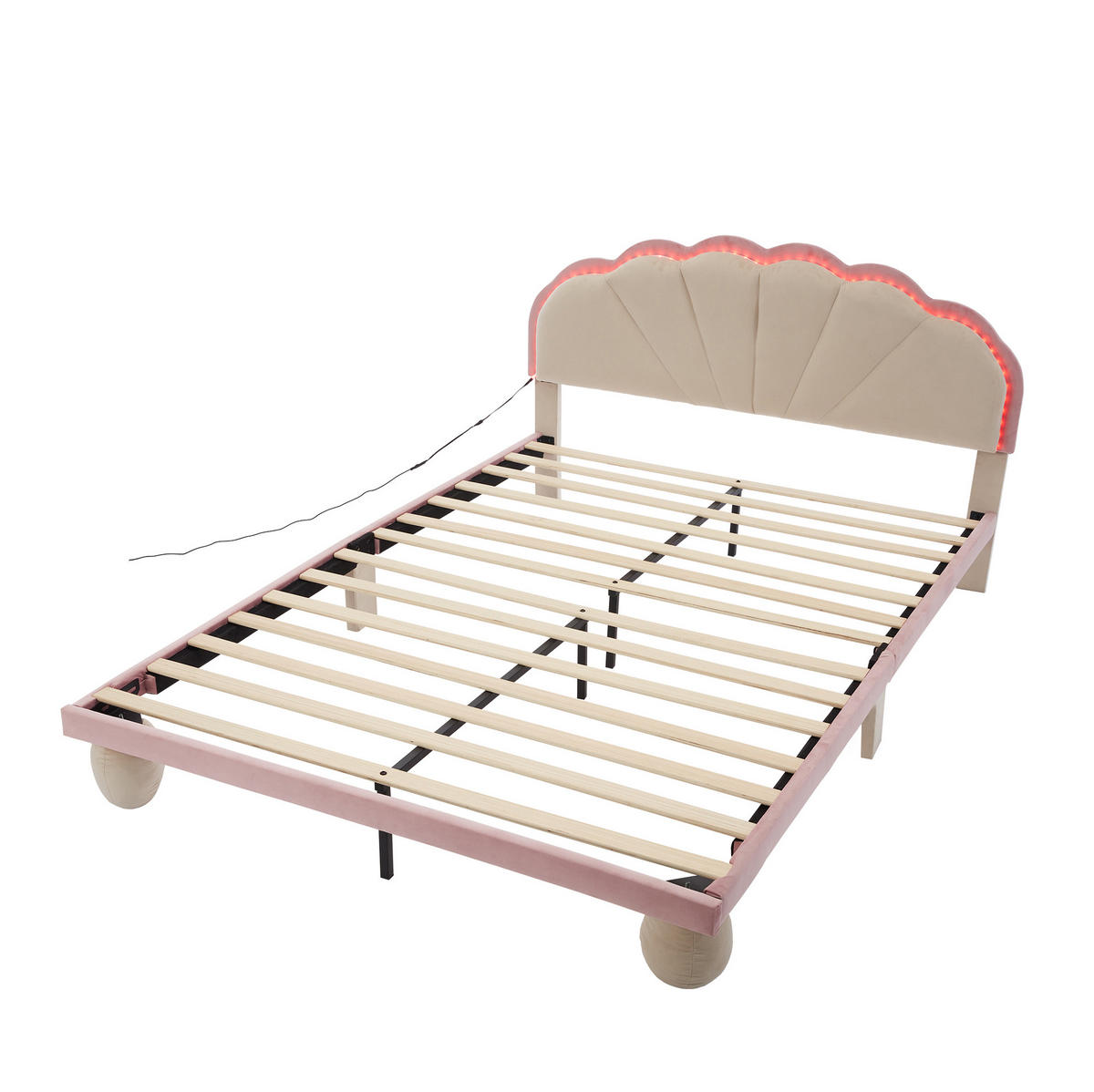 SAMT-POLSTERBETT 140/200 cm mit LED-Beleuchtung und gepolstertem Kopfteil - Beige, Textil (140/200cm) - BEAOK