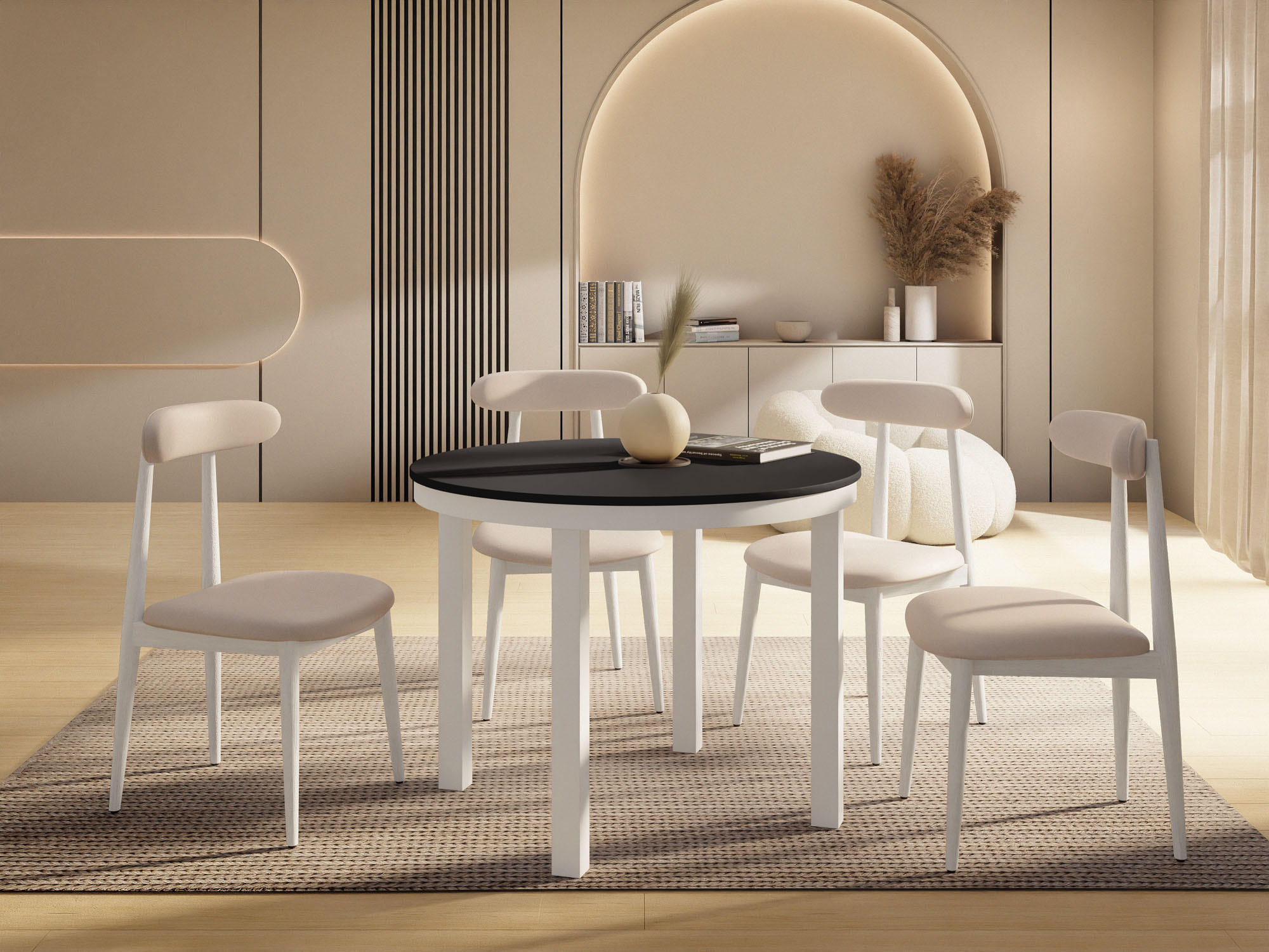 ESSTISCH Rowan Weiß runder ausziehbarer, Schwarz 100-176/100/76 cm - Schwarz/Weiß, Holzwerkstoff/Metall (100/100/76cm) - WFL GROUP