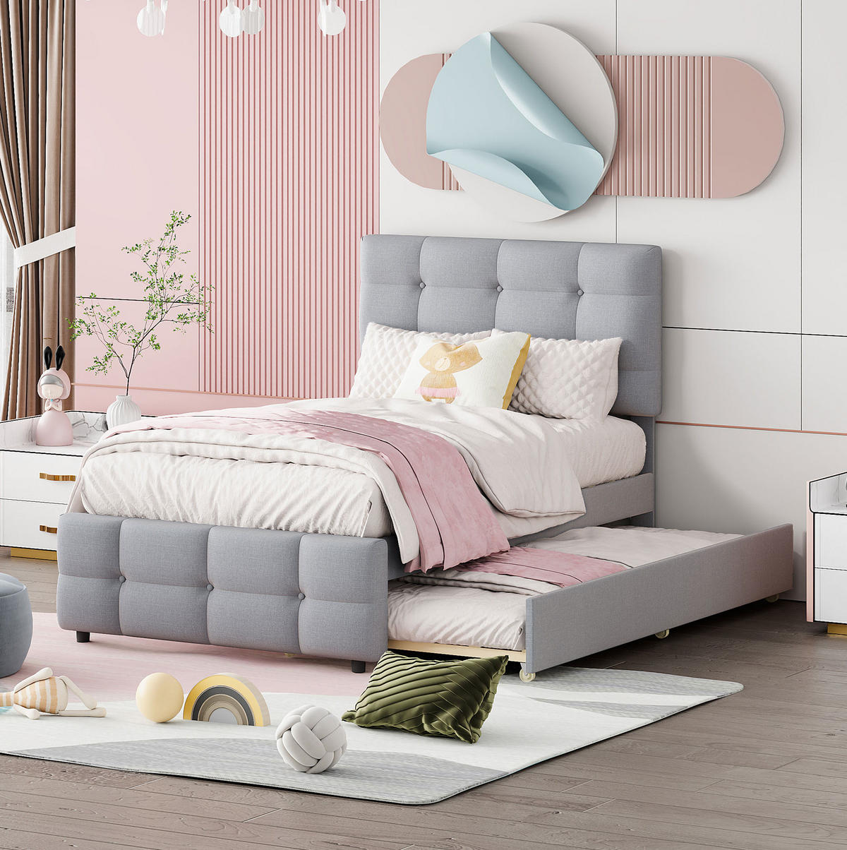 POLSTERBETT 90/200 cm mit Ausziehbett und verstellbarem Kopfteil, Grau - Grau, Textil (90/200cm) - BEAOK