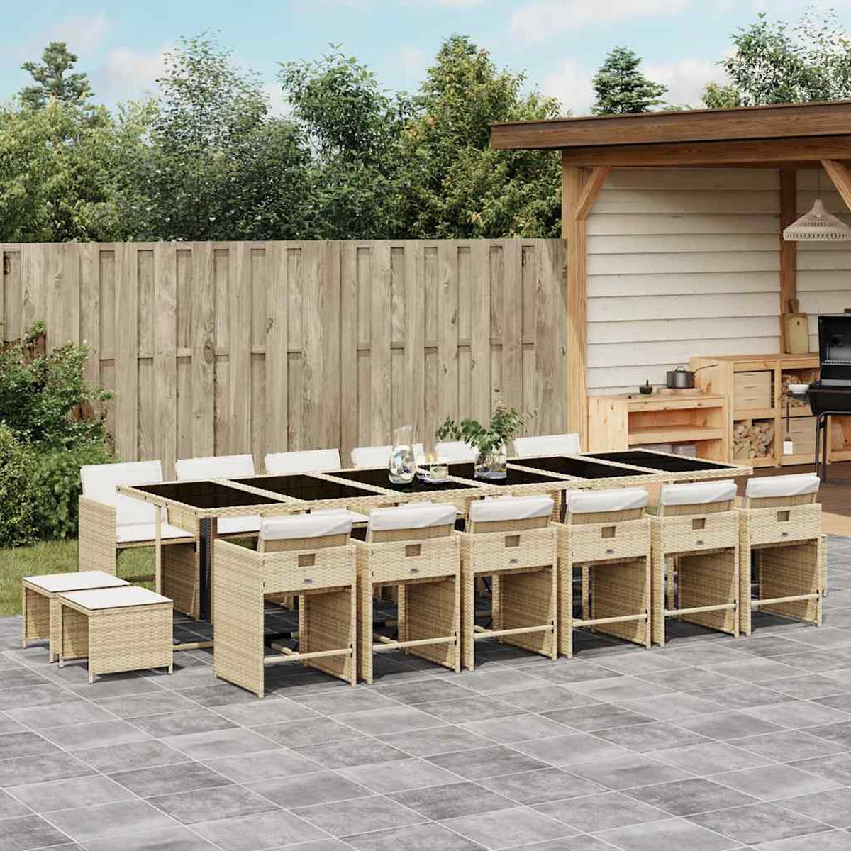 GARTEN-ESSGRUPPE 17-TLG. Mit Kissen Beige Poly Rattan - Beige/Creme, Kunststoff - vidaXL