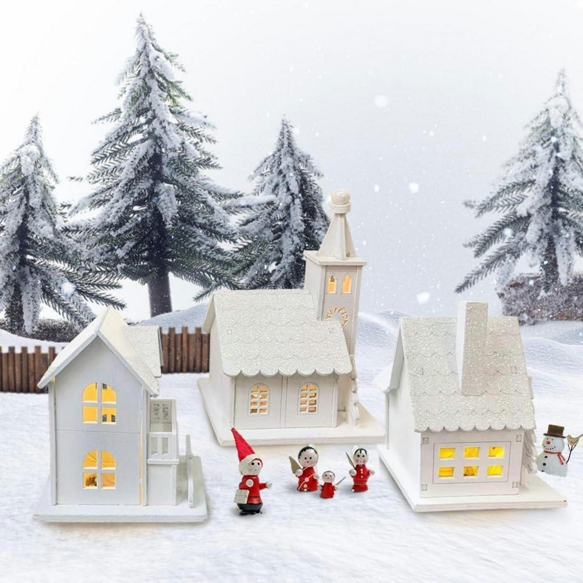 WEIHNACHTSDORF 3-teiliges Set mit Beleuchtung Holz - Weiß, Holz (9/14.5/6cm)