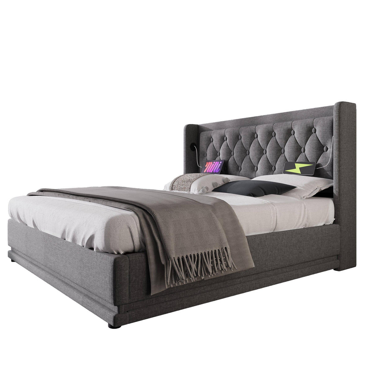 POLSTERBETT 160/200 cm Grau Baumwolle mit hydraulischem Stauraum und LED-Beleuchtung - Grau, Textil (160/200cm) - OKWISH