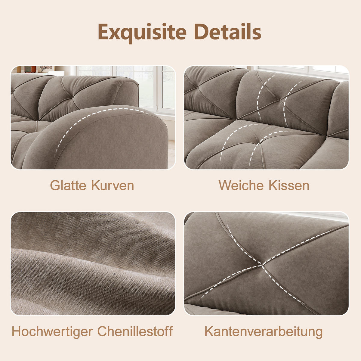 2-SITZER-MODULSOFA aus Chenille Taupe rahmenlos, 2-Sitzer mit 32D-Hochdichteschaum und flexiblem Aufbau - Braun, Textil (204/76/95cm) - Modfu