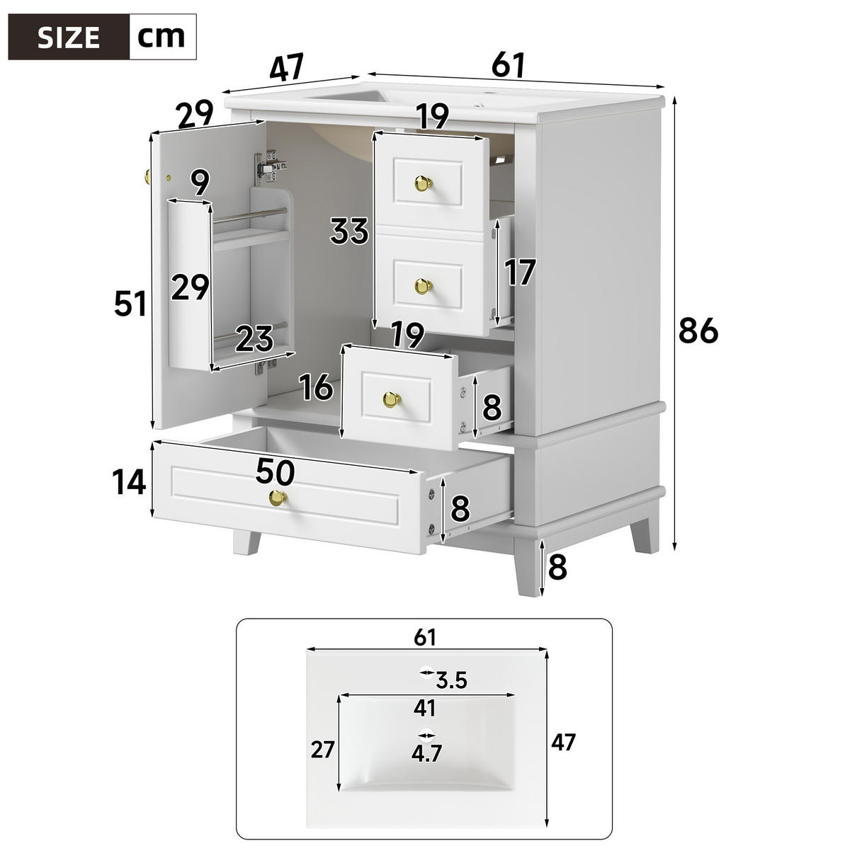 WASCHTISCHUNTERSCHRANK aus MDF und Keramik 61x47x86 cm Weiß mit 3 Schubladen, Soft-Close und Stauraum - Weiß, Keramik (61/86/47cm) - Modfu