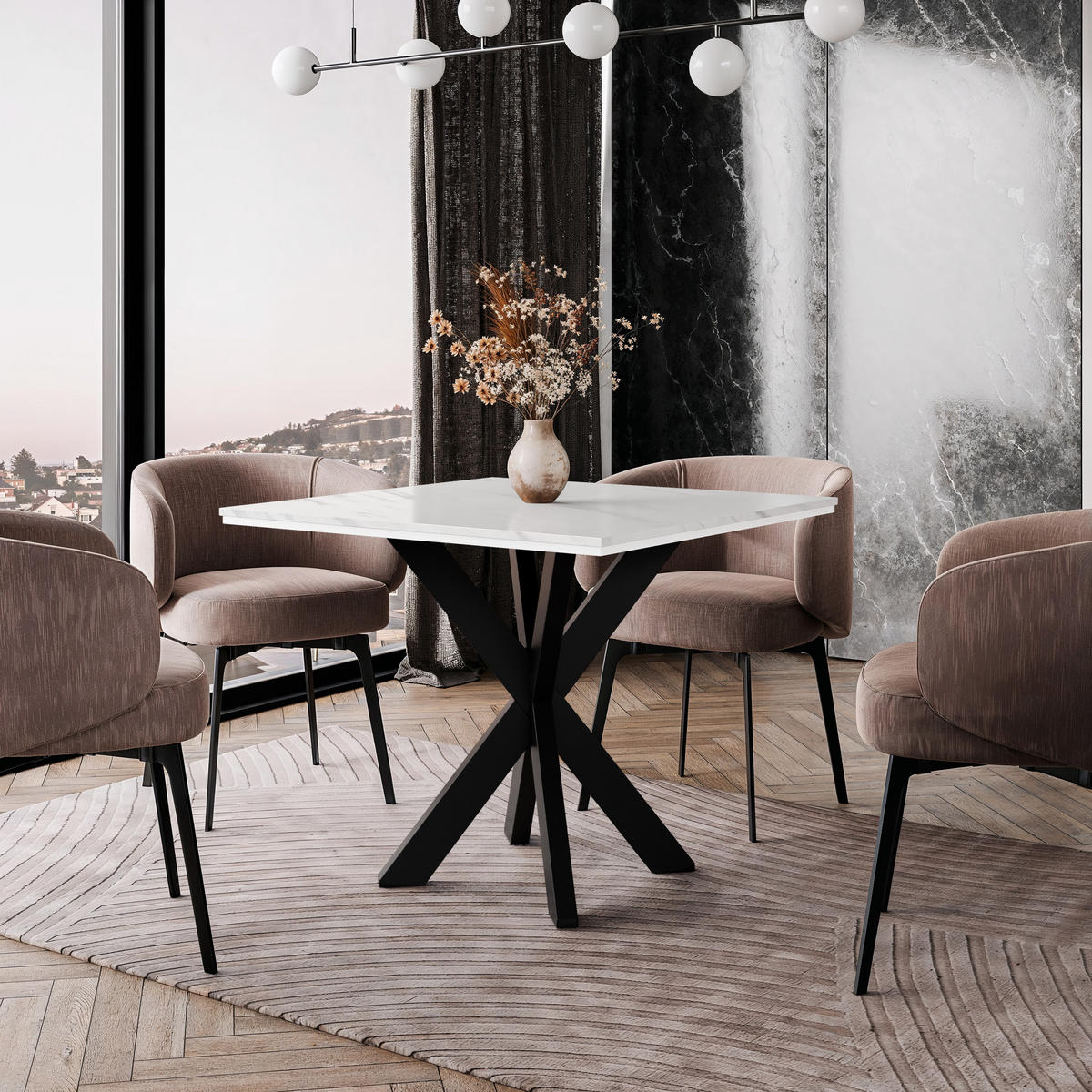 ESSTISCH 90 cm Weißen Marmor-Optik - Weiß Hochglanz, Metall (90/90/77cm) - Home Collective