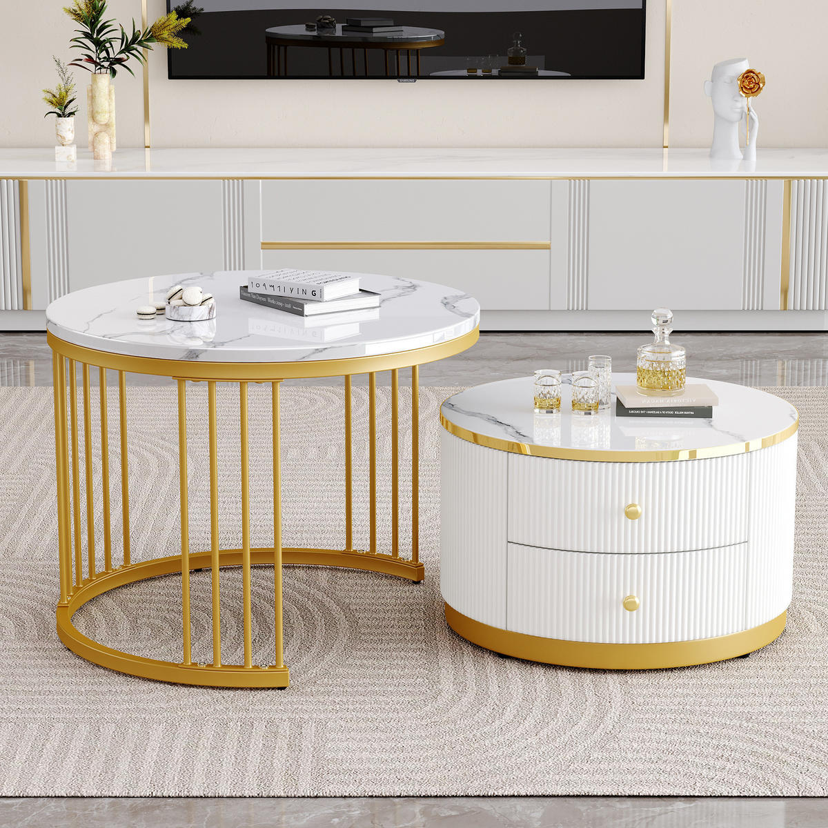 COUCHTISCH 2er-Set rund 60/50 cm Weiß MDF - Weiß, Wellpappe (60/60/45.5cm) - Meubliv