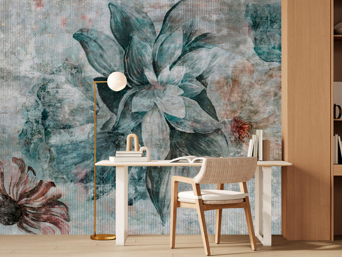 FOTOTAPETE für Schlafzimmer Aquarellblumen Beton Natur Pflanzen 200x140 - Grau, Papier (200/140cm) - Muralo