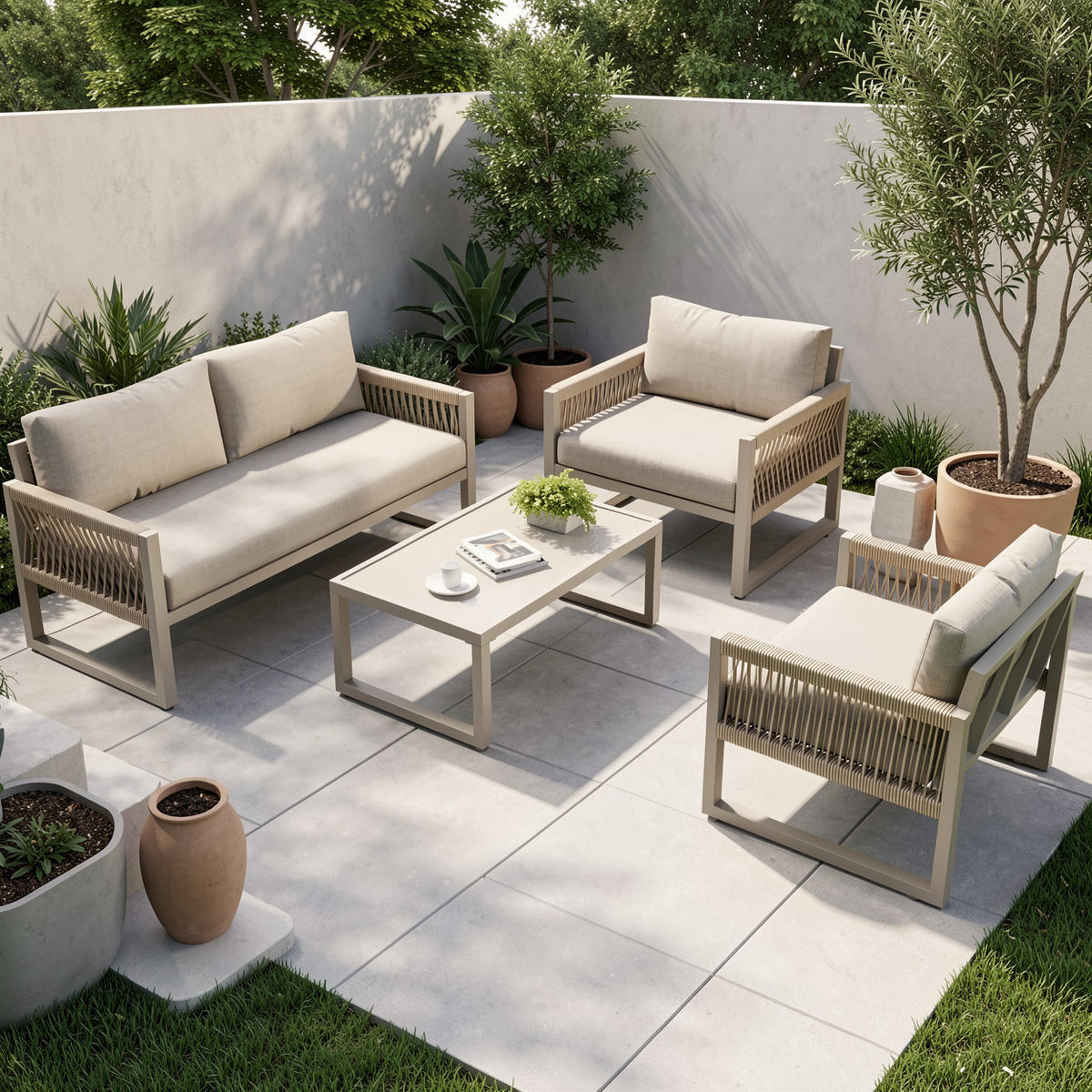 LOUNGEGARNITUR 4-tlg Khaki Metall & Seil Outdoor Sofaset mit 2 Sesseln, Sofa & Glastisch - Sandfarben, Metall - Urban Meuble