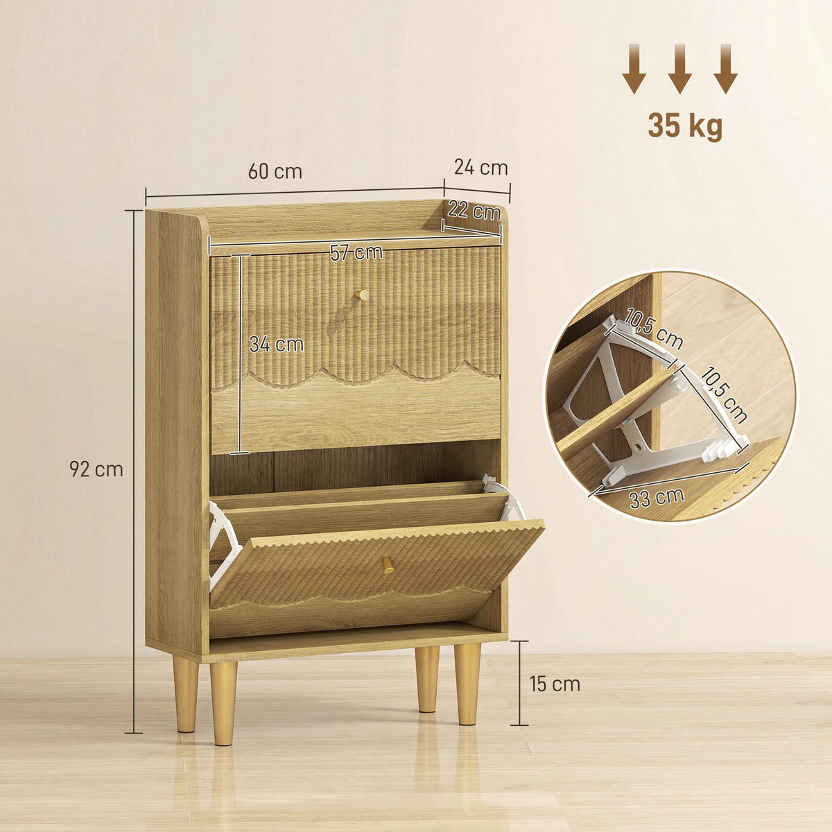 SCHUHSCHRANK Eiche MDF klappbar mit Fächern 1 Stück - Eichefarben, Holzwerkstoff (60/92/24cm) - PANGIVO