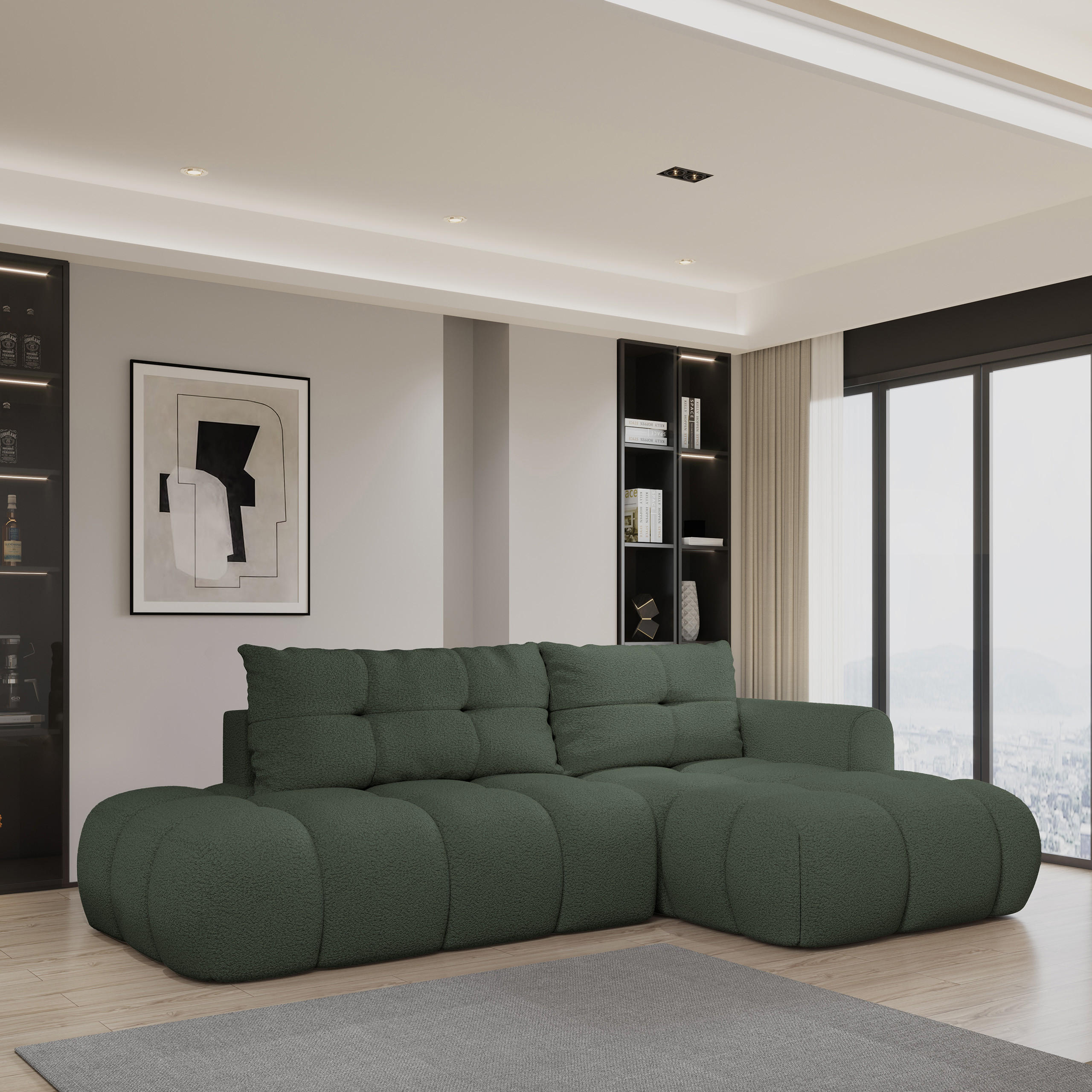 ECKSOFA FLUMA R-S Grün Boucle-Stoff mit Schlaffunktion - Grün, Holz (274/165cm) - MASSENO