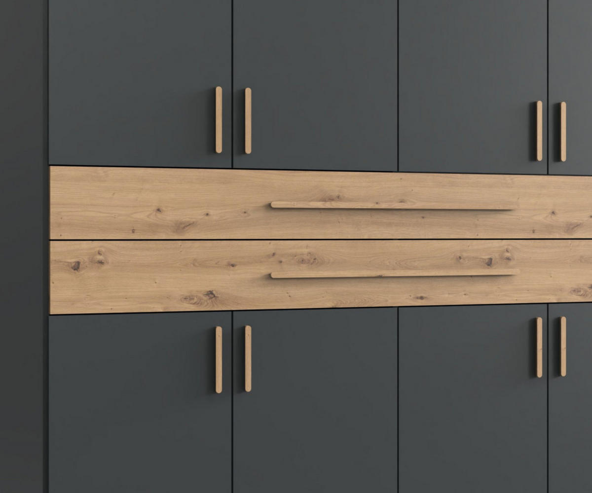 DREHTÜRENSCHRANK B270/H208/T58 cm in Grafit, Kleiderschrank mit 2 Spiegeltüren, 2 großen Schubkästen & Griffen in Eiche Artisan Dekor / 22649 - Graphitfarben/Eiche Artisan, Holzwerkstoff/Kunststoff (270/208/58cm) - luma-home