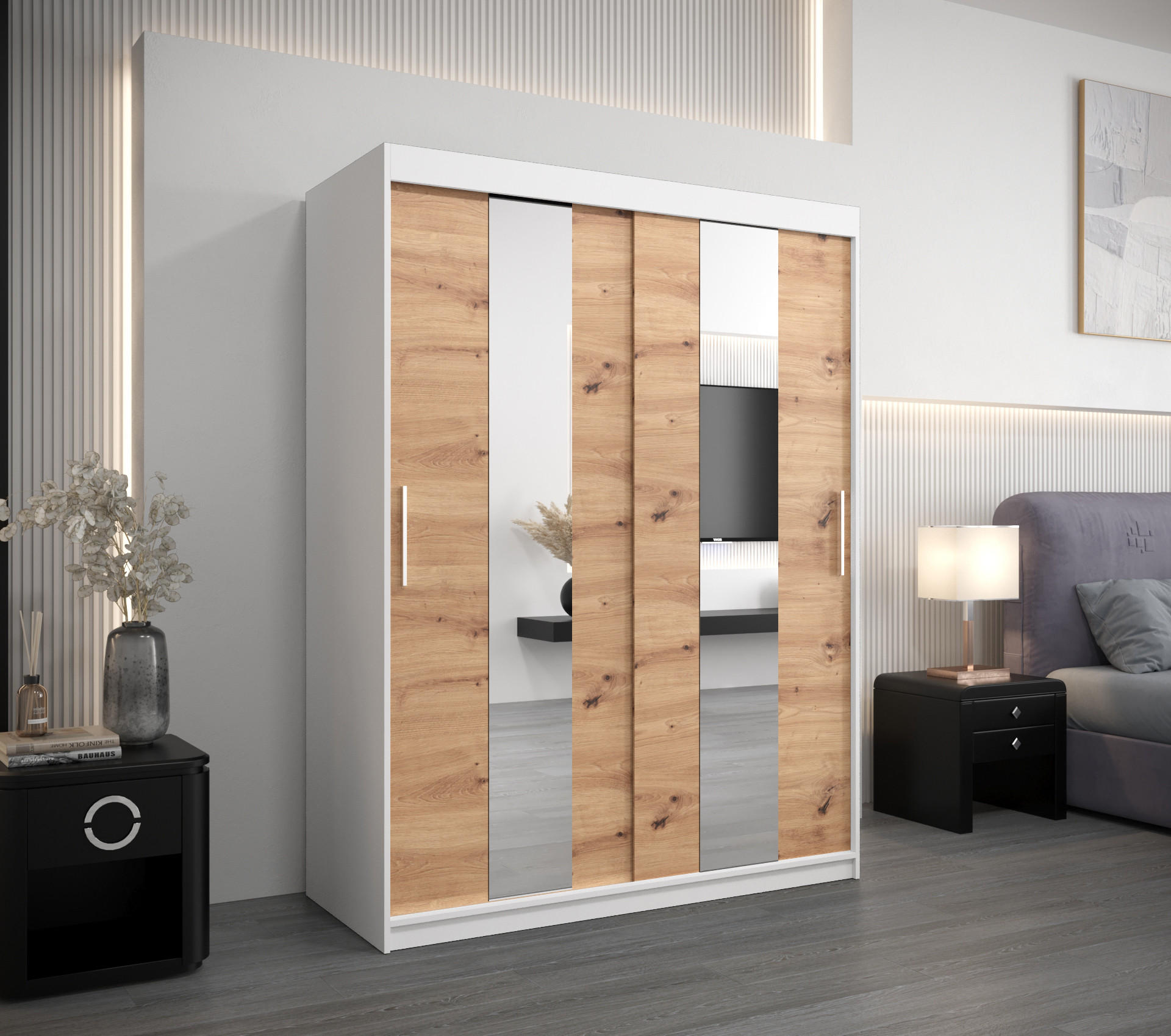 SCHWEBETÜRENSCHRANK 200/150/62 2-türig - Silberfarben/Eiche Artisan, Holz/Kunststoff (150/200/62cm) - Abiks Möbel