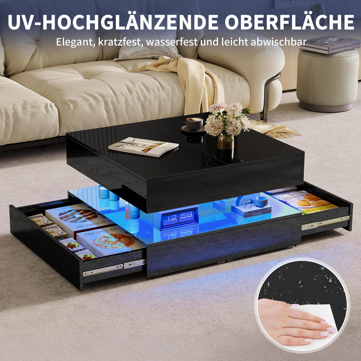COUCHTISCH 78x78 cm mit RGB-LED & 2 Schubladen, Schwarz Hochglanz - Schwarz, Metall (78/78/43cm) - EuroLiving