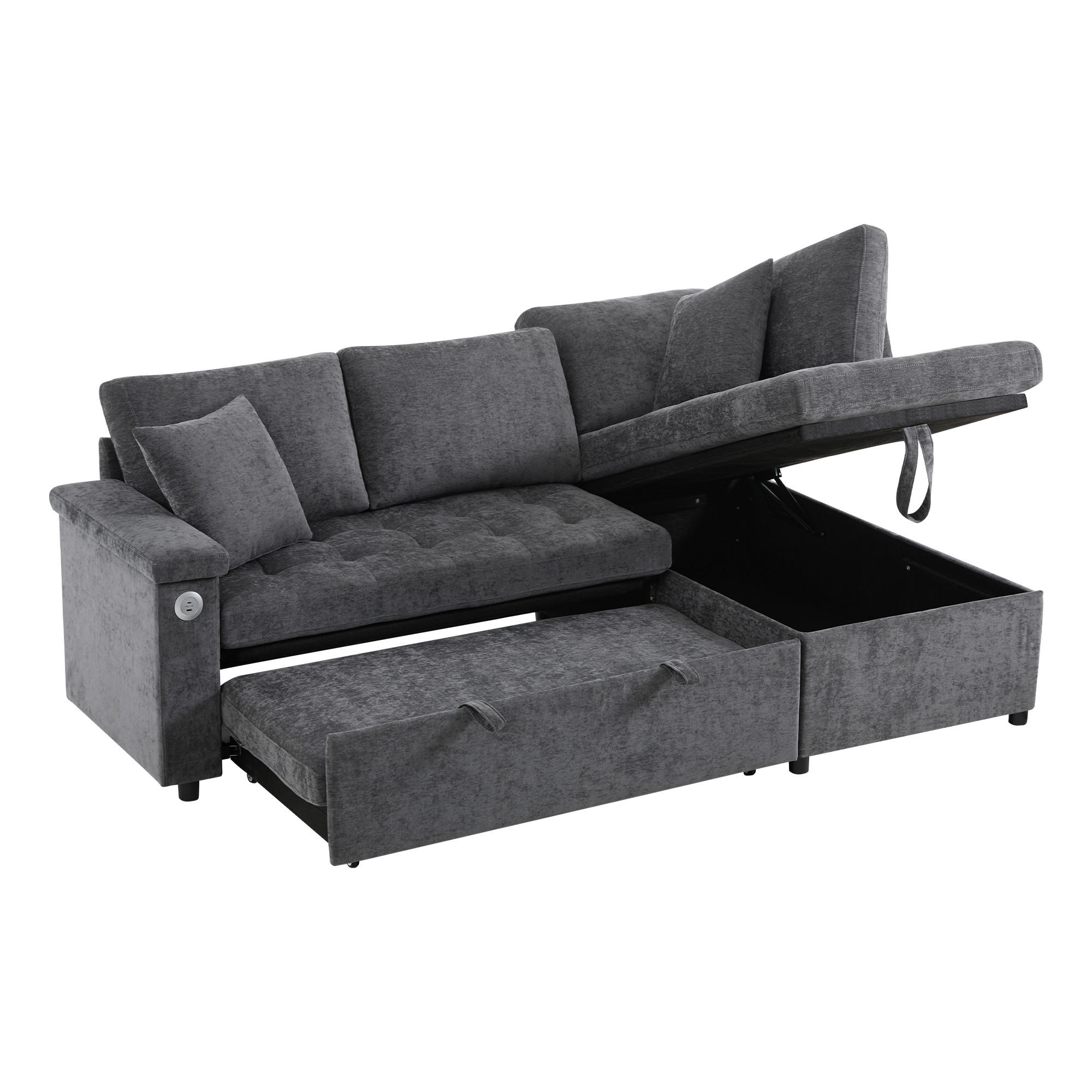 SCHLAFSOFA L-Form mit Stauraum, USB und 2 Kissen, Grau - Dunkelgrau, Textil (209/84/130cm)