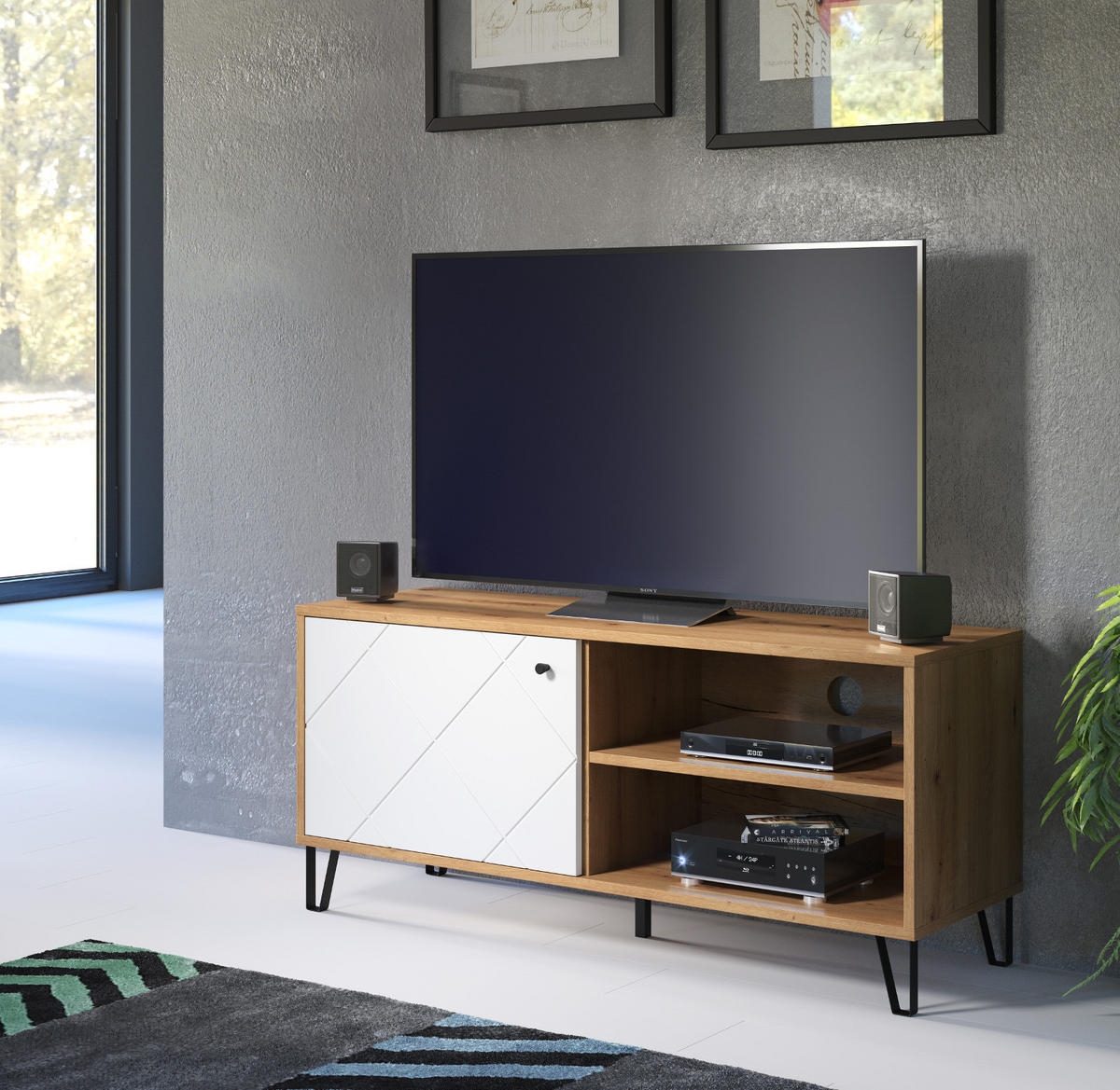 TV-LOWBOARD weiß matt, Eiche Artisan 123 cm,TV-Unterteil mit moderner Rautenoptik - Eichefarben/Schwarz, Holzwerkstoff/Kunststoff (123/56/40cm) - Top.Furn