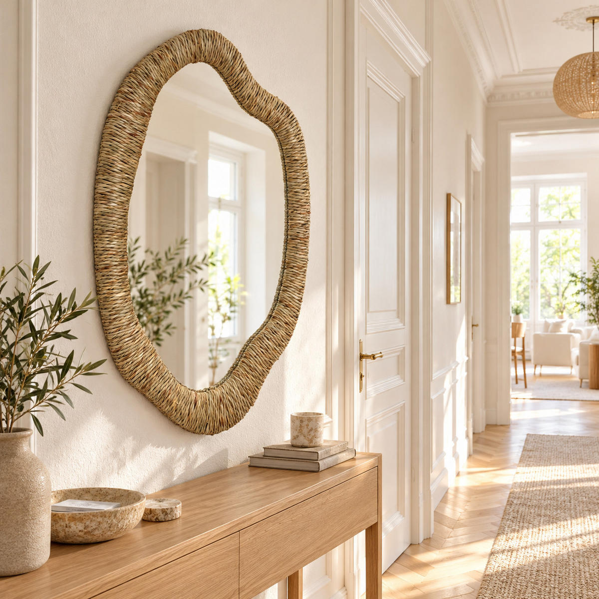 SEEGRAS-WANDSPIEGEL 75×50 cm, organische Form für Wohnzimmer,Flur - Dunkelgelb, Naturmaterialien (3.5/75/50cm) - Hometopia