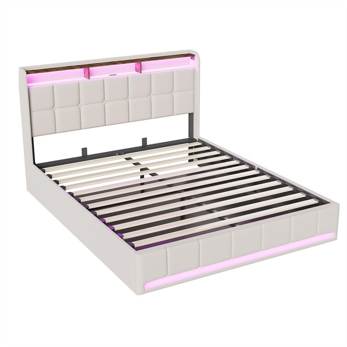 POLSTERBETT 160x200 cm mit LED-Beleuchtung und hydraulischem Stauraum - ohne Matratze - Beige - Beige, Textil (160/200cm) - DELFA