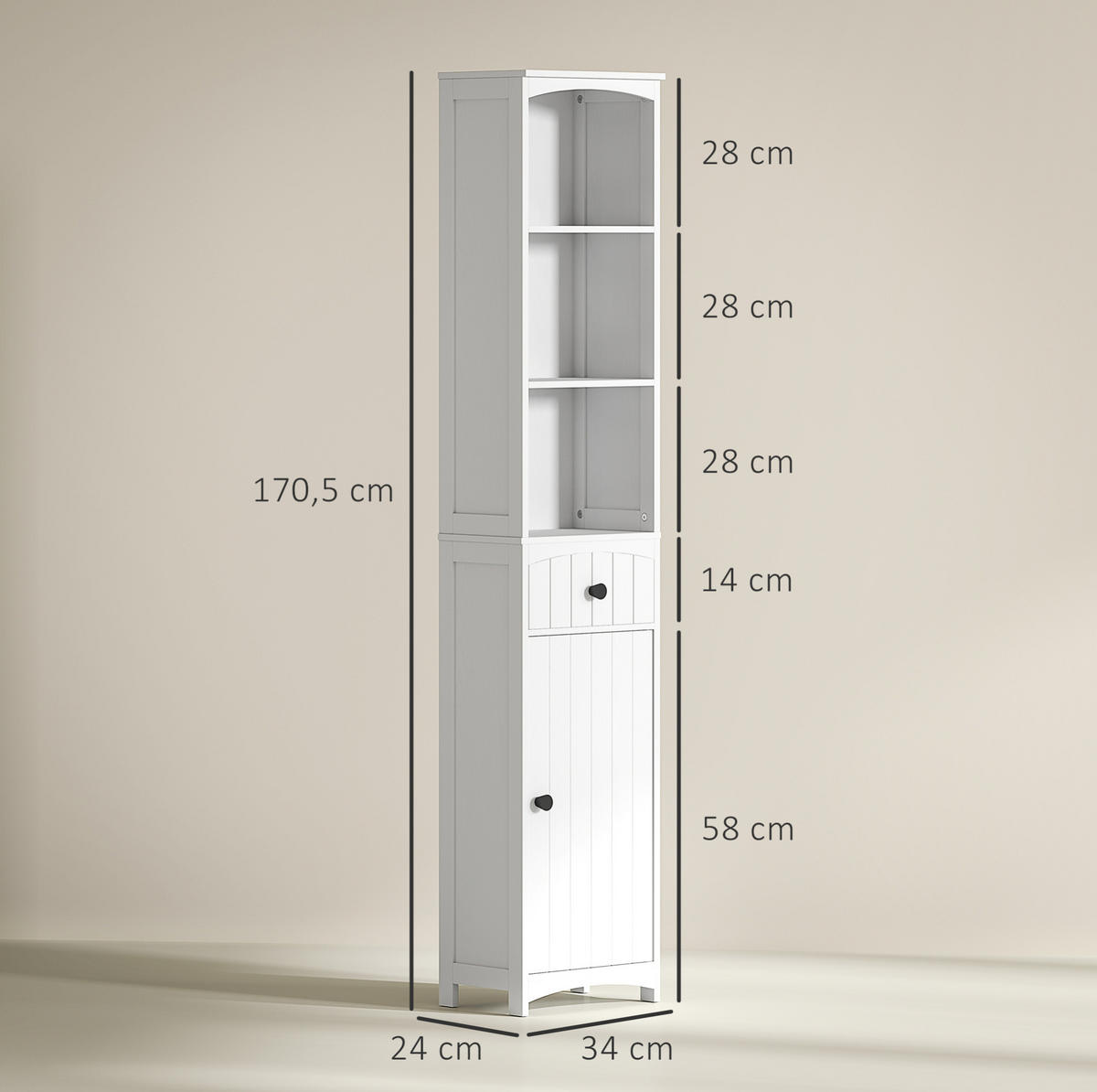 BADEZIMMERSCHRANK 34x24x170.5 cm Weiß aus Spanplatte mit Schrank, Schublade & 3 Regalen - Weiß, Holzwerkstoff (34/170.5/24cm) - Modfu