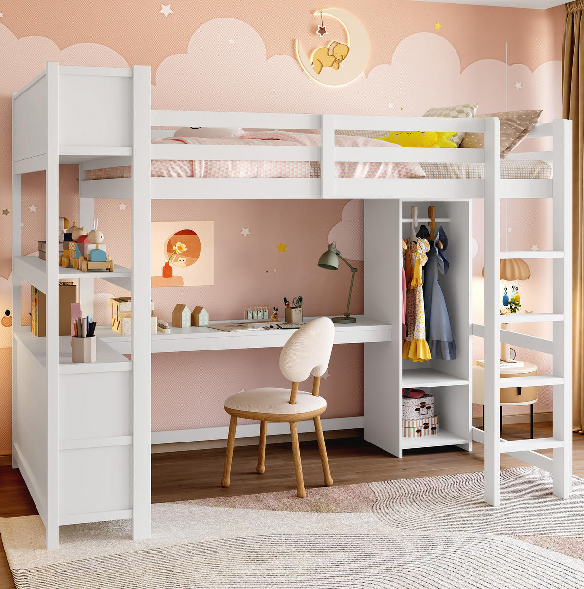 HOCHBETT 140/200 cm Weiß aus Kiefernholz und MDF mit Schreibtisch und Kleiderschrank - Weiß, Holz (140/200cm) - OKMYHOME