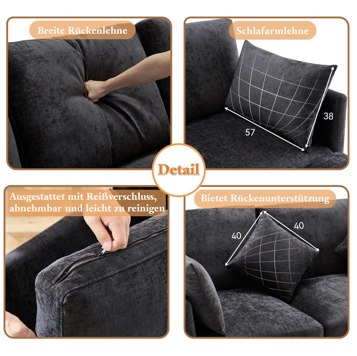 ECKSOFA Chenille mit Hocker 216/161/81 cm Grau abziehbare Sitzkissen - Grau, Textil (161/216cm) - Redom
