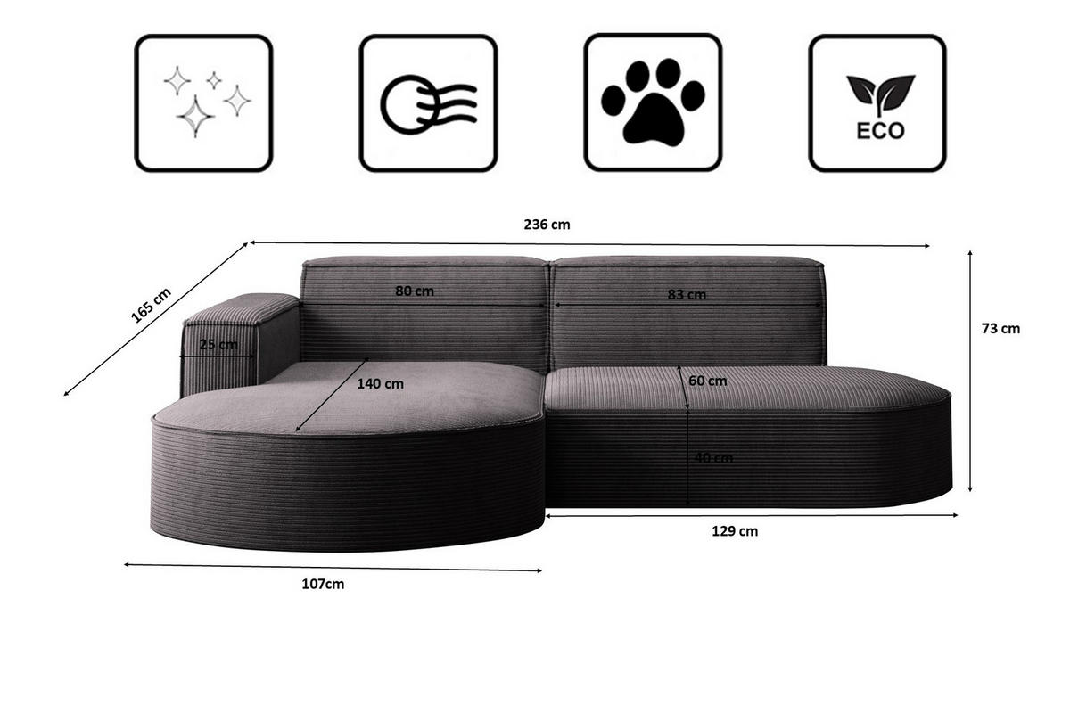 ECKSOFA Designer MODENA STUDIO stoff Dicker cord Poso Dunkelgrau Links - Dunkelgrau, Holzwerkstoff/Textil (165/236cm) - Kaiser Möbel