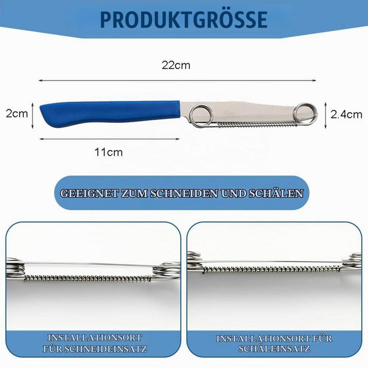 SCHÄLMESSER 2-teiliges Set Edelstahl 3-in-1 - Blau, Metall (22cm)